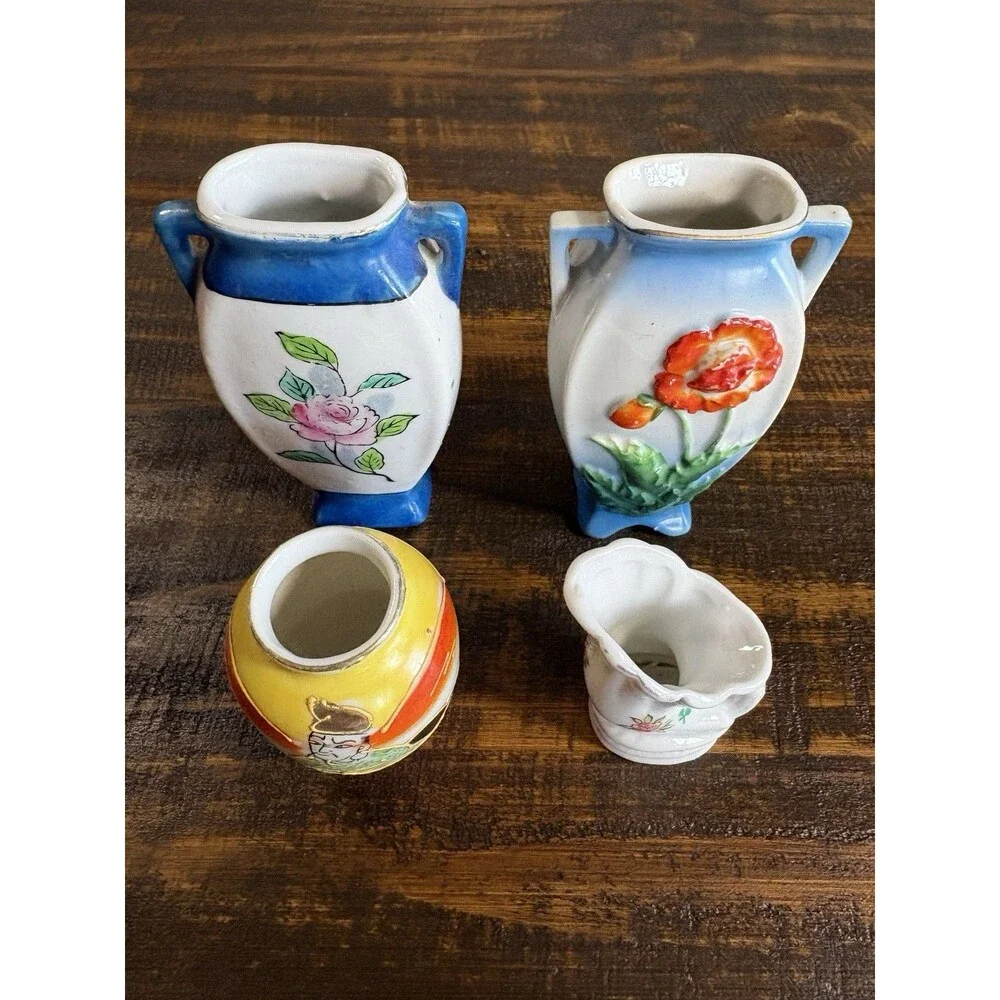 Vintage Mini Vase Lot 4 Occupied Japan Hand Painted Floral Bud Vases Ceramic